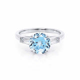 LOVETTA - Round & Baguette Chatham® Aqua Spinel 18k White Gold Trilogy Engagement Ring Lily Arkwright