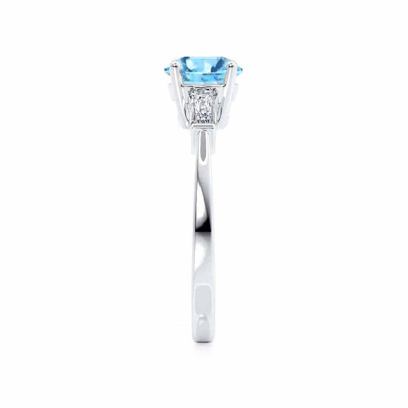 LOVETTA - Round & Baguette Chatham® Aqua Spinel 950 Platinum Trilogy Engagement Ring Lily Arkwright