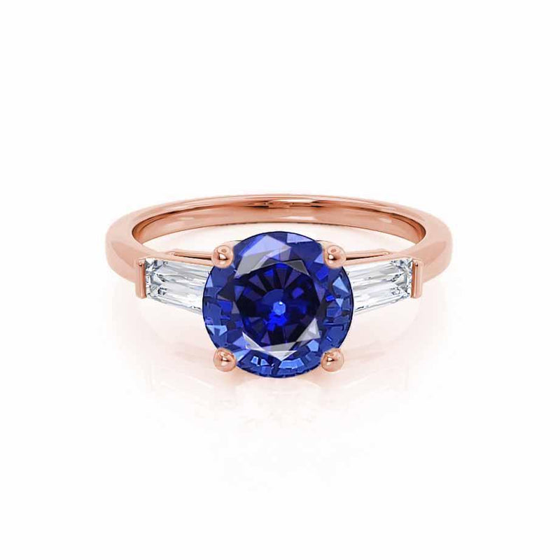 Lovetta Round cut blue sapphire lab diamond engagement ring 18k rose gold trilogy ring by Lily Arkwright