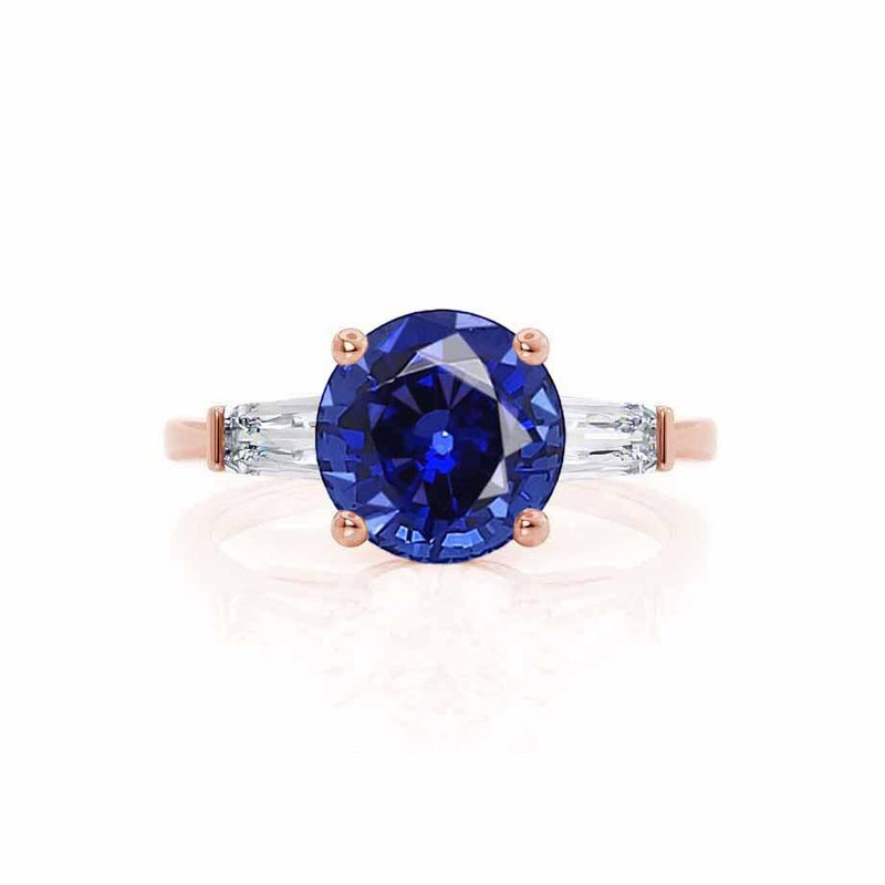 Grace rose gold shoulder set Chatham round blue sapphire diamond engagement ring Lily Arkwright