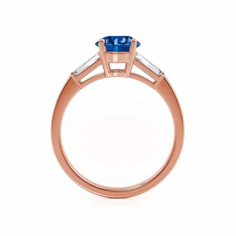 lovetta brilliant round cut blue sapphire and diamond engagement ring rose gold trilogy Lily Arkwright
