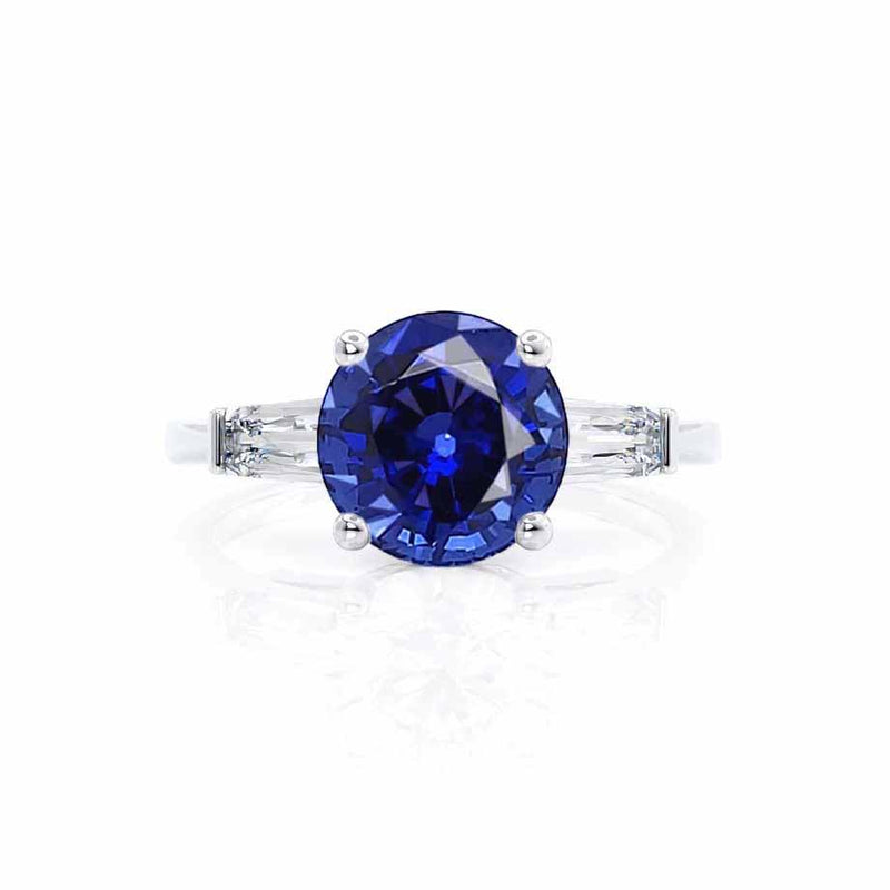 Lovetta platinum shoulder set Chatham round blue sapphire diamond engagement ring Lily Arkwright