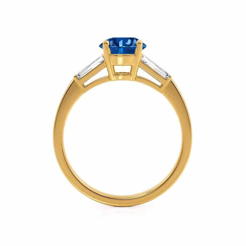 LOVETTA - Round & Baguette Chatham® Blue Sapphire 18k Yellow Gold Trilogy Engagement Ring Lily Arkwright