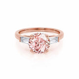 LOVETTA - Round & Baguette Chatham® Champagne True Sapphire 18k Rose Gold Trilogy Engagement Ring Lily Arkwright
