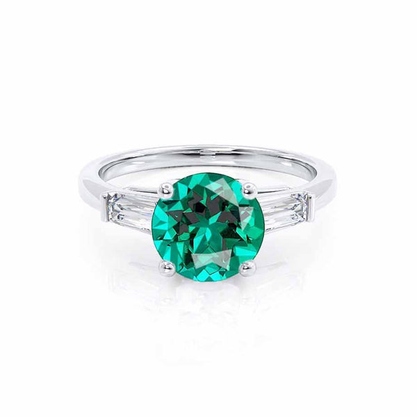 LOVETTA - Round & Baguette Chatham® Emerald 950 Platinum Trilogy Engagement Ring Lily Arkwright