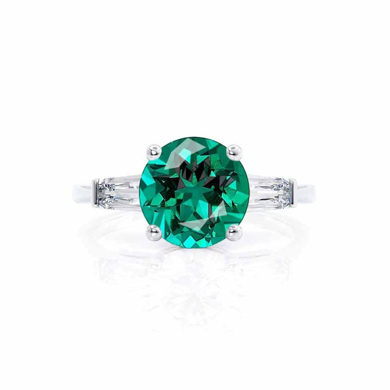 LOVETTA - Round & Baguette Chatham® Emerald 950 Platinum Trilogy Engagement Ring Lily Arkwright