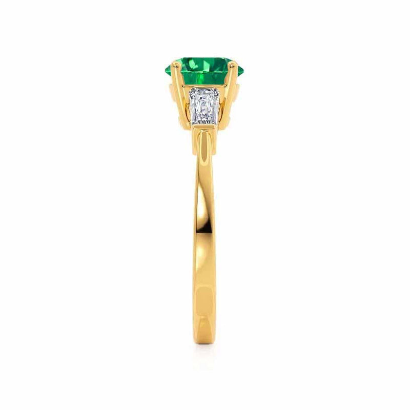 LOVETTA - Round & Baguette Chatham® Emerald 18k Yellow Gold Trilogy Engagement Ring Lily Arkwright