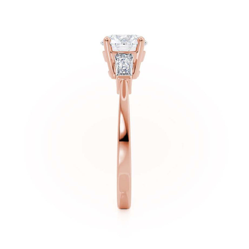 LOVETTA - Round & Baguette Lab Diamond 18k Rose Gold Trilogy Engagement Ring Lily Arkwright