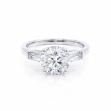LOVETTA - Ex Display 1.92ct Round Moissanite & Diamond Baguette 18k White Gold Trilogy Engagement Ring Lily Arkwright