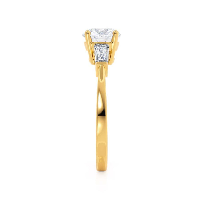 LOVETTA - Round & Baguette Lab Diamond 18k Yellow Gold Trilogy Engagement Ring Lily Arkwright