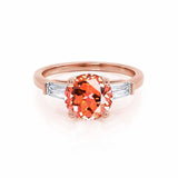 Lovetta Round cut padparadscha sapphire lab diamond engagement ring 18k rose gold trilogy ring by Lily Arkwright