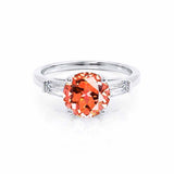 LOVETTA - Round & Baguette Chatham® Padparadscha Sapphire 950 Platinum Trilogy Engagement Ring Lily Arkwright