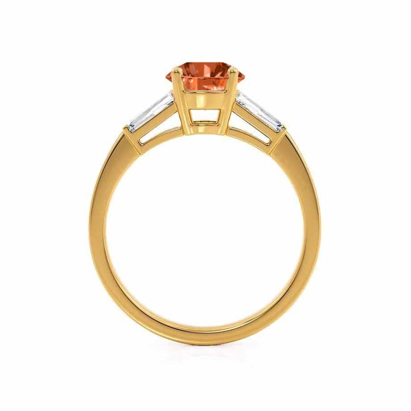 LOVETTA - Round & Baguette Chatham® Padparadscha Sapphire 18k Yellow Gold Trilogy Engagement Ring Lily Arkwright