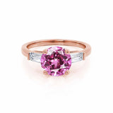 LOVETTA - Round & Baguette Chatham® Pink Sapphire 18k Rose Gold Trilogy Engagement Ring Lily Arkwright