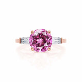 Lovetta rose gold shoulder set Chatham round pink sapphire diamond engagement ring Lily Arkwright