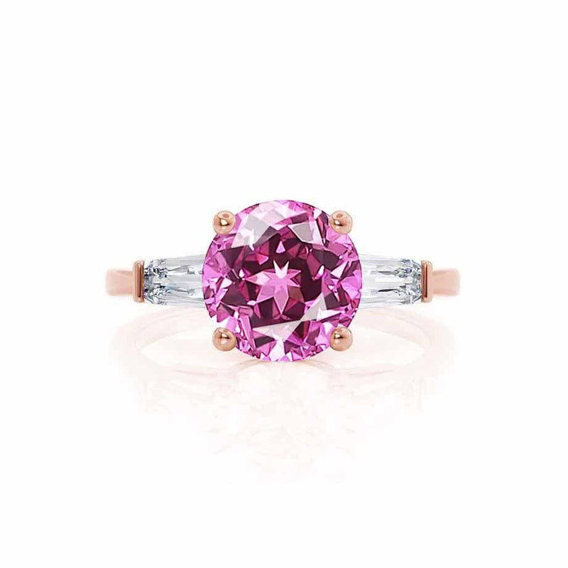 Lovetta rose gold shoulder set Chatham round pink sapphire diamond engagement ring Lily Arkwright