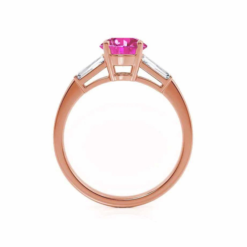 lovetta brilliant round cut pink sapphire and diamond engagement ring rose gold trilogy Lily Arkwright