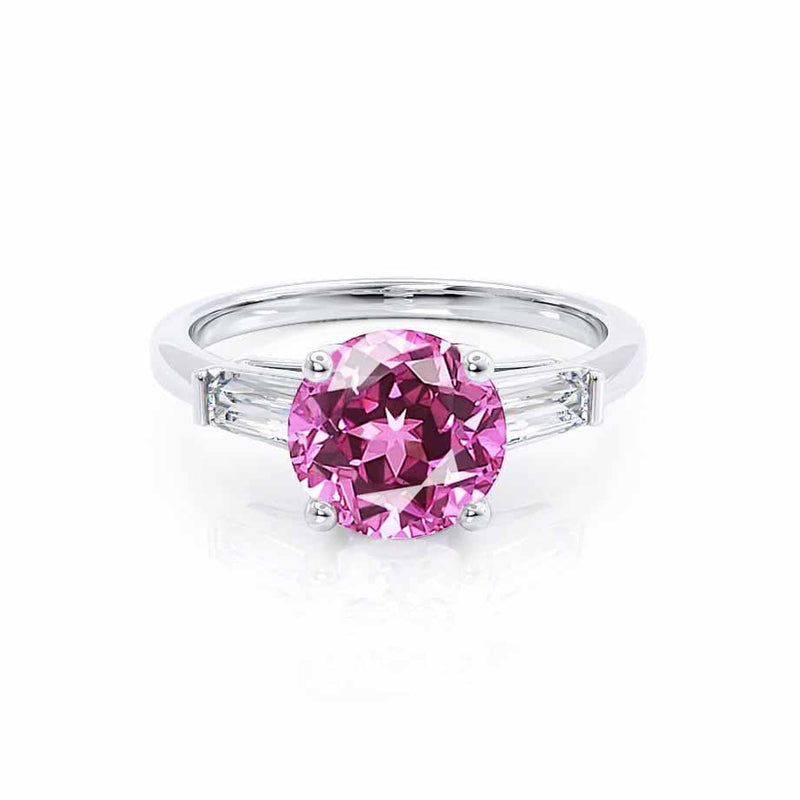 LOVETTA - Round & Baguette Chatham® Pink Sapphire 950 Platinum Trilogy Engagement Ring Lily Arkwright