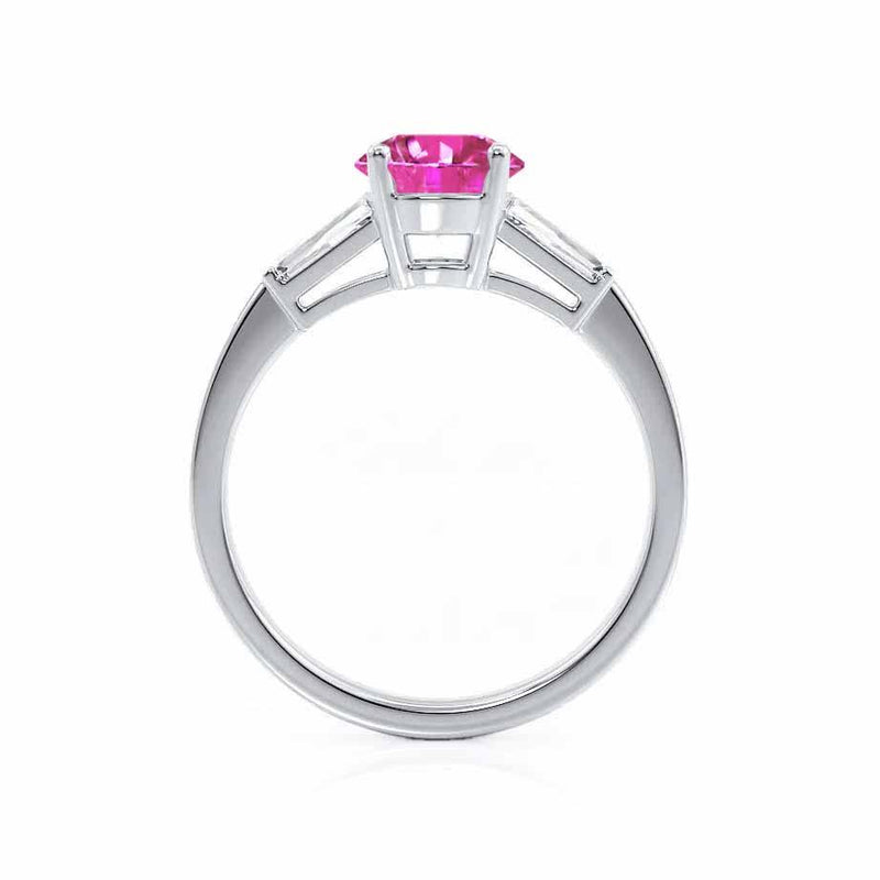 lovetta brilliant round cut pink sapphire and diamond engagement ring platinum trilogy Lily Arkwright