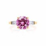 LOVETTA - Round & Baguette Chatham® Pink Sapphire 18k Yellow Gold Trilogy Engagement Ring Lily Arkwright