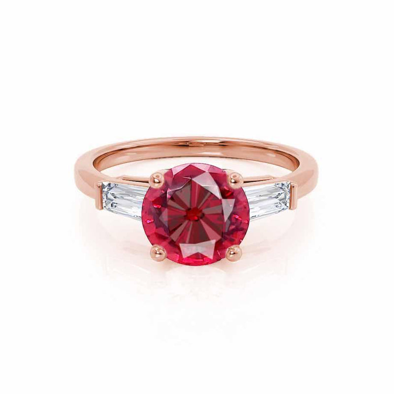 LOVETTA - Round & Baguette Chatham® Ruby 18k Rose Gold Trilogy Engagement Ring Lily Arkwright