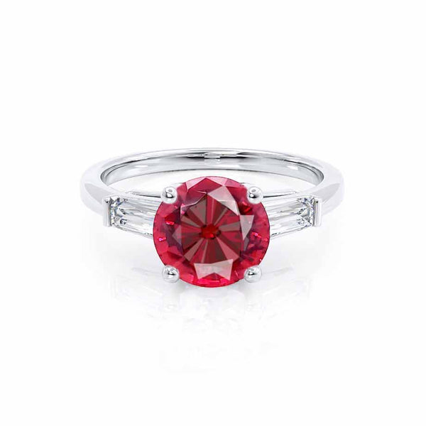LOVETTA - Round & Baguette Chatham® Ruby 18k White Gold Trilogy Engagement Ring Lily Arkwright