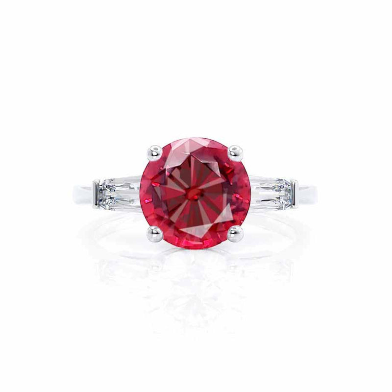 LOVETTA - Round & Baguette Chatham® Ruby 950 Platinum Trilogy Engagement Ring Lily Arkwright