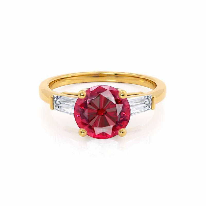 LOVETTA - Round & Baguette Chatham® Ruby 18k Yellow Gold Trilogy Engagement Ring Lily Arkwright