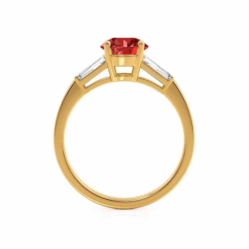 lovetta brilliant round cut ruby and diamond engagement ring yellow gold trilogy Lily Arkwright