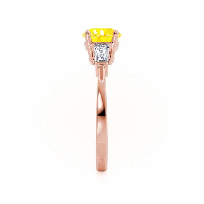 LOVETTA - Round & Baguette Chatham® Yellow Sapphire 18k Rose Gold Trilogy Engagement Ring Lily Arkwright