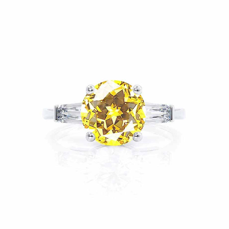 LOVETTA - Round & Baguette Chatham® Yellow Sapphire 950 Platinum Trilogy Engagement Ring Lily Arkwright