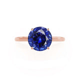 Lulu rose gold solitaire Chatham round medium blue sapphire diamond engagement ring Lily Arkwright 