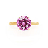 Lulu yellow gold solitaire Chatham round medium pink sapphire diamond engagement ring Lily Arkwright 