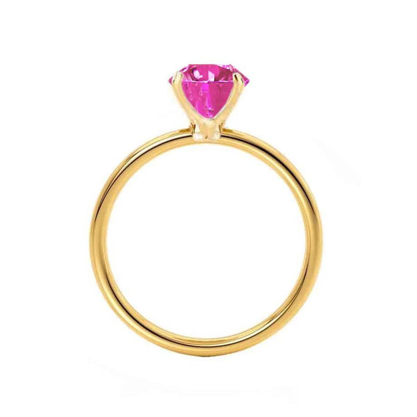 Lulu round cut Chatham pink sapphire lab diamond engagement ring 18k yellow gold classic plain solitaire Lily Arkwright 