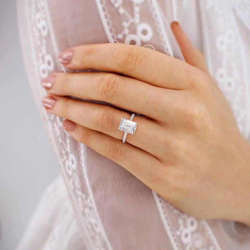 MACY -  Emerald Moissanite & Diamond 950 Platinum Petite Pavé Shoulder Set Ring Engagement Ring Lily Arkwright