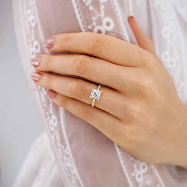 MACY - Princess Moissanite & Diamond 18k Yellow Gold Petite Pavé Shoulder Set Ring Engagement Ring Lily Arkwright
