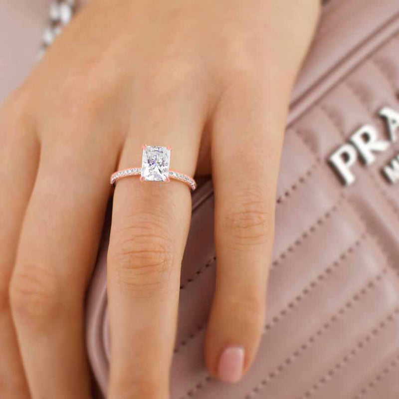 MACY - Radiant Moissanite & Diamond 18k Rose Gold Petite Pavé Ring Engagement Ring Lily Arkwright