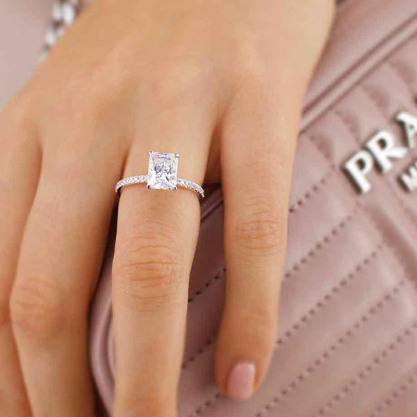 MACY - Radiant Moissanite & Diamond 18k White Gold Petite Pavé Shoulder Set Ring Engagement Ring Lily Arkwright