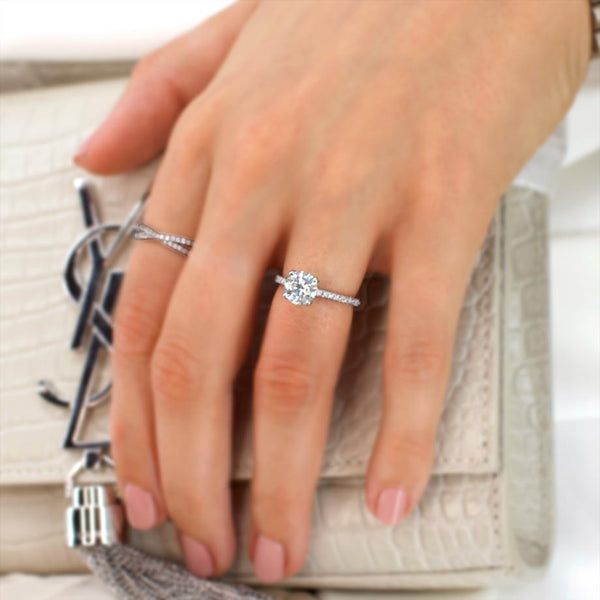 MACY - Ex Display 0.80ct Round Moissanite & Diamond 950 Platinum Petite Pavé Shoulder Set Ring Engagement Ring Lily Arkwright