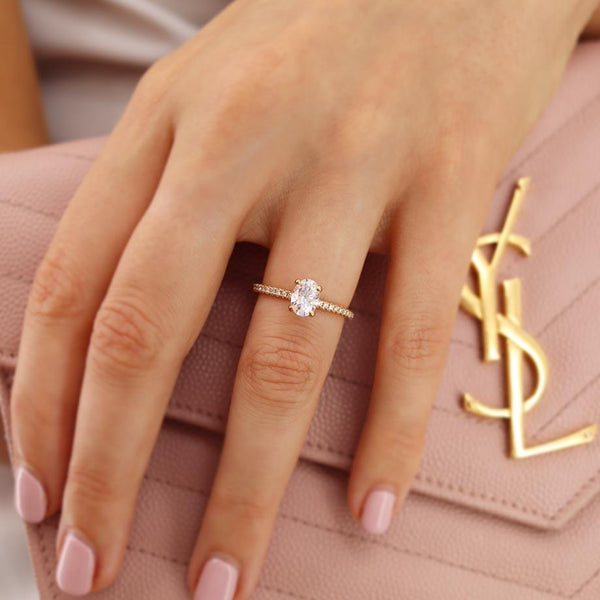 MACY - Oval Moissanite & Diamond 18k Rose Gold Petite Pavé Ring Engagement Ring Lily Arkwright