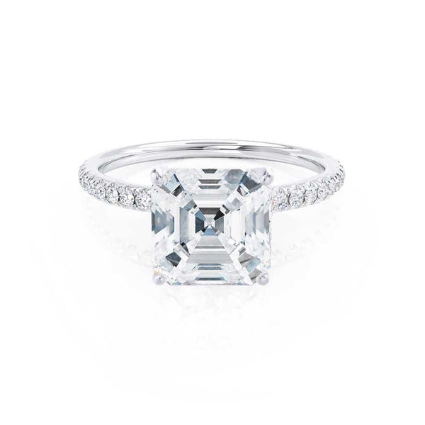 MACY -  Asscher Moissanite & Diamond 18k White Gold Petite Pavé Shoulder Set Ring Engagement Ring Lily Arkwright