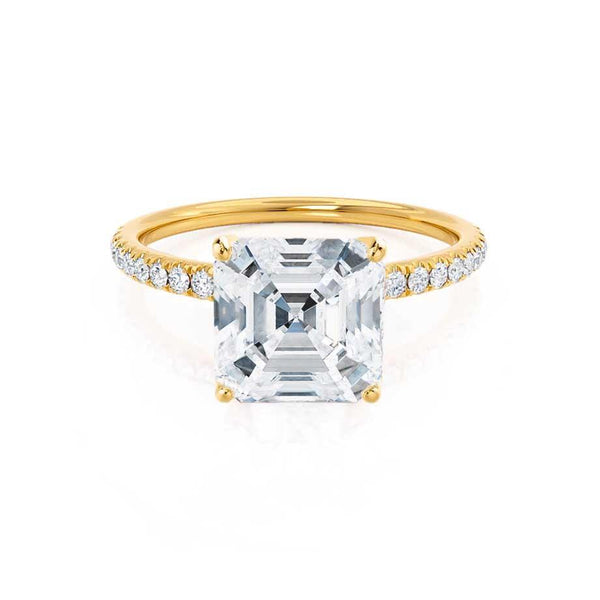 MACY -  Asscher Moissanite & Diamond 18k Yellow Gold Petite Pavé Shoulder Set Ring Engagement Ring Lily Arkwright