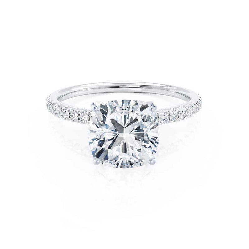 MACY -  Cushion Moissanite & Diamond 950 Platinum Petite Pavé Shoulder Set Ring Engagement Ring Lily Arkwright
