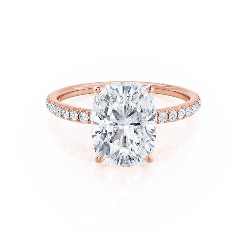 MACY -  Elongated Cushion Moissanite & Diamond 18k Rose Gold Petite Pavé Shoulder Set Ring Engagement Ring Lily Arkwright