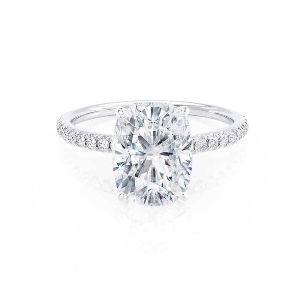 MACY -  Elongated Cushion Moissanite & Diamond 18k White Gold Petite Pavé Shoulder Set Ring Engagement Ring Lily Arkwright