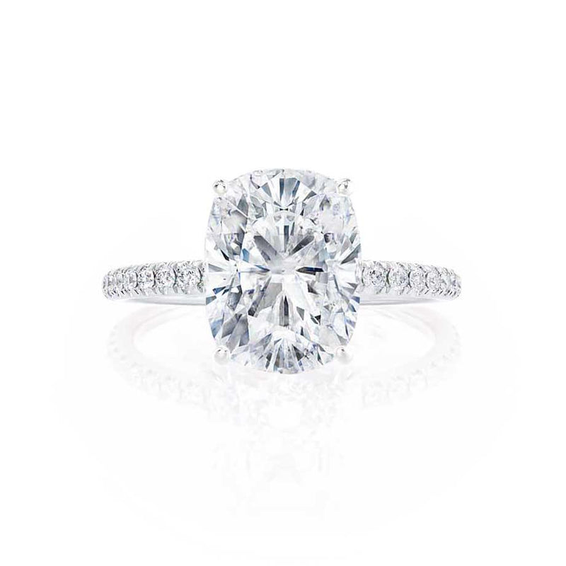 MACY -  Elongated Cushion Moissanite & Diamond 950 Platinum Petite Pavé Shoulder Set Ring Engagement Ring Lily Arkwright