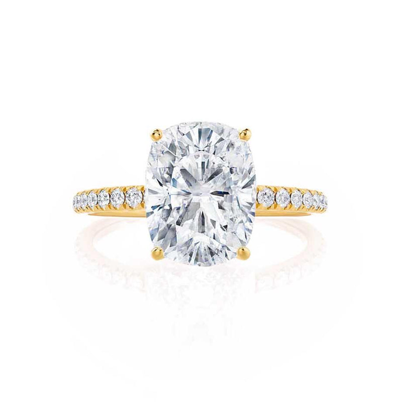 MACY -  Elongated Cushion Moissanite & Diamond 18k Yellow Gold Petite Pavé Shoulder Set Ring Engagement Ring Lily Arkwright