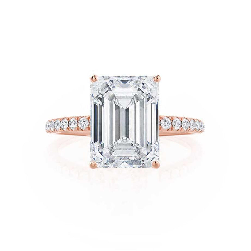 MACY - Emerald Moissanite & Diamond 18k Rose Gold Petite Pavé Shoulder Set Ring Engagement Ring Lily Arkwright