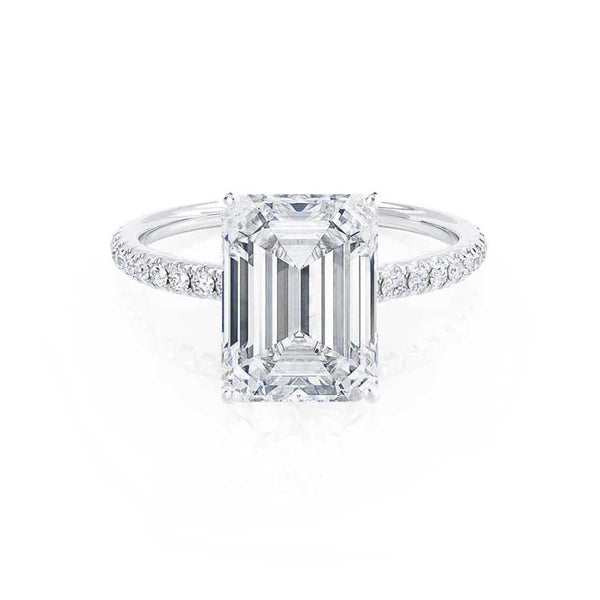 MACY -  Emerald Moissanite & Diamond 950 Platinum Petite Pavé Shoulder Set Ring Engagement Ring Lily Arkwright