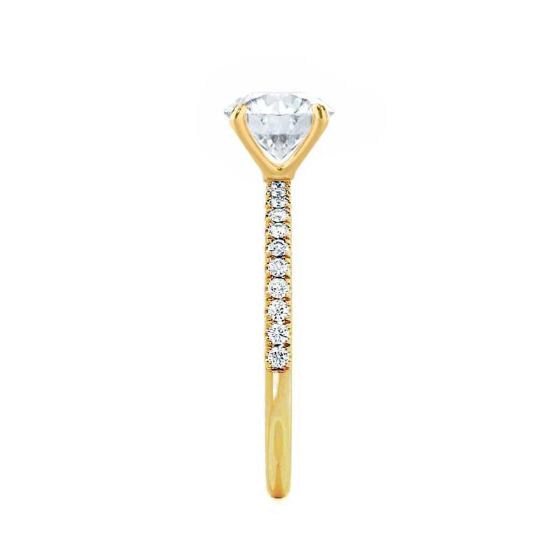 MACY -  Cushion Moissanite & Diamond 18k yellow Gold Petite Pavé Shoulder Set Ring Engagement Ring Lily Arkwright